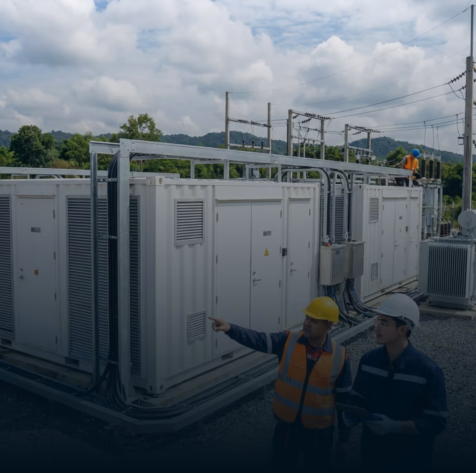 Großbatteriespeicher (BESS) in Containerbauweise neben einem Umspannwerk